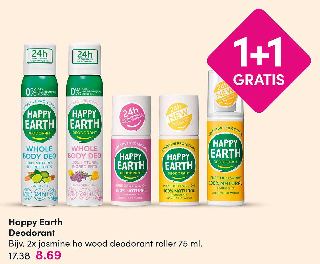 Happy Earth Deodorant Bijv. 2x jasmine ho wood deodorant roller 75 ml. 1+1 gratis