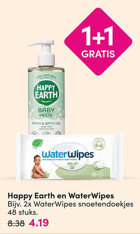 Happy Earth en WaterWipes Bijv. 2x WaterWipes snoetendoekjes 48 stuks. 1+1 gratis