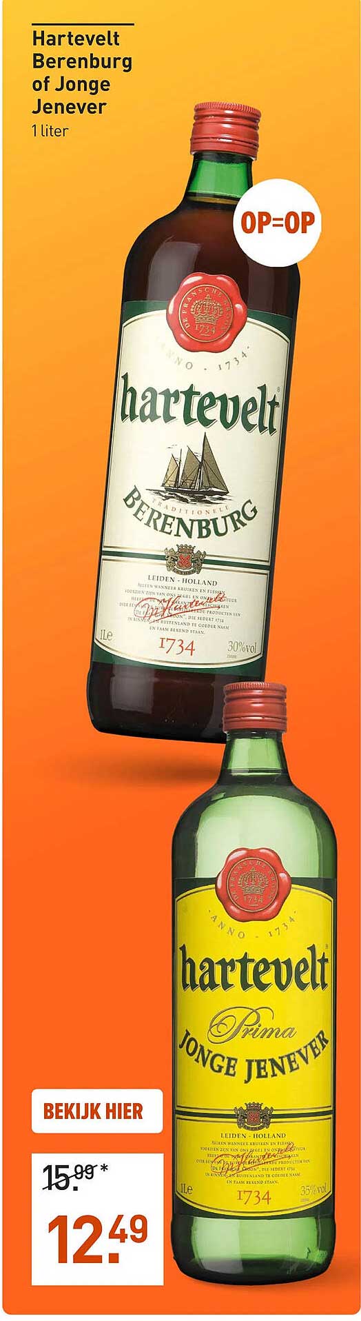 Hartevelt Berenburg of Jonge Jenever 1 liter OP=OP