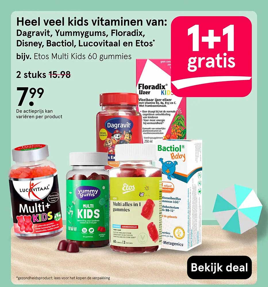 Heel veel kids vitaminen van: Dagravit, Yummygums, Floradix, Disney, Bactiol, Lucovitaal en Etos* 1+1 gratis