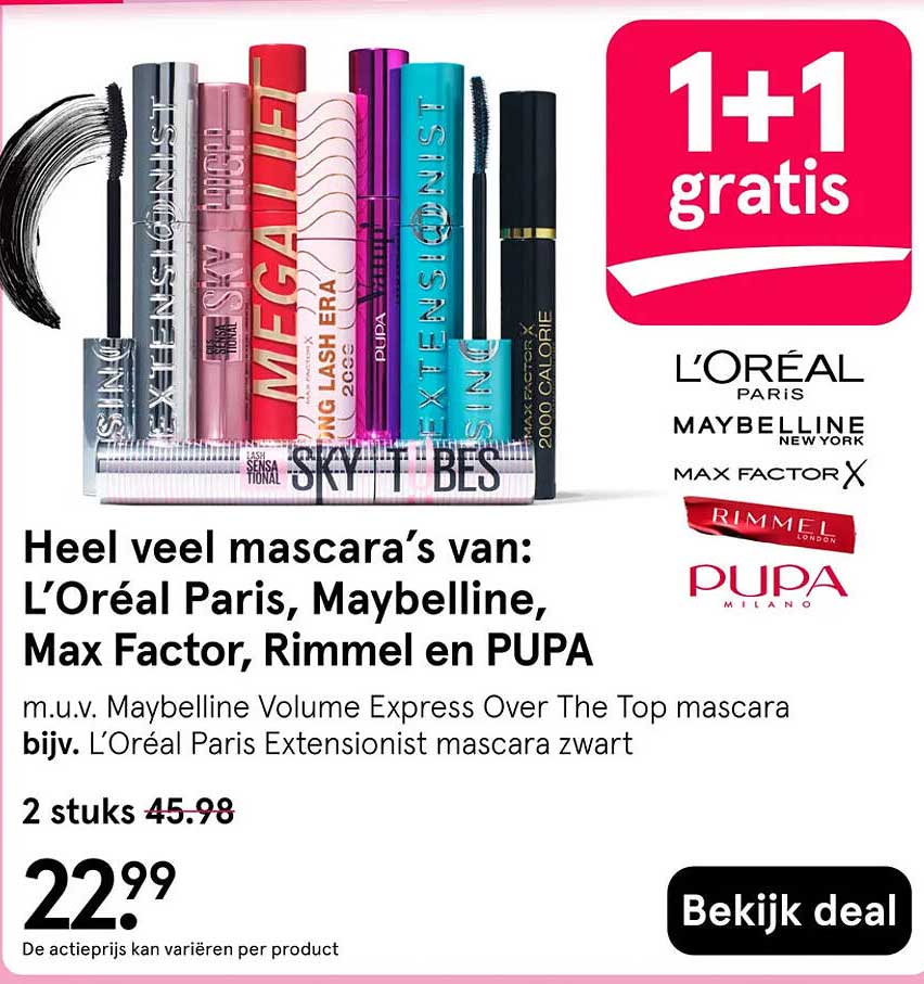Heel veel mascara’s van: L’Oréal Paris, Maybelline, Max Factor, Rimmel en PUPA 1+1 gratis