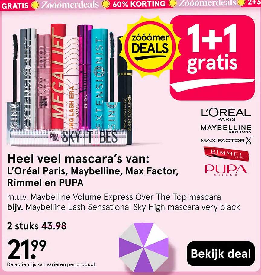 Heel veel mascara’s van: L’Oréal Paris, Maybelline, Max Factor, Rimmel en PUPA 1+1 gratis