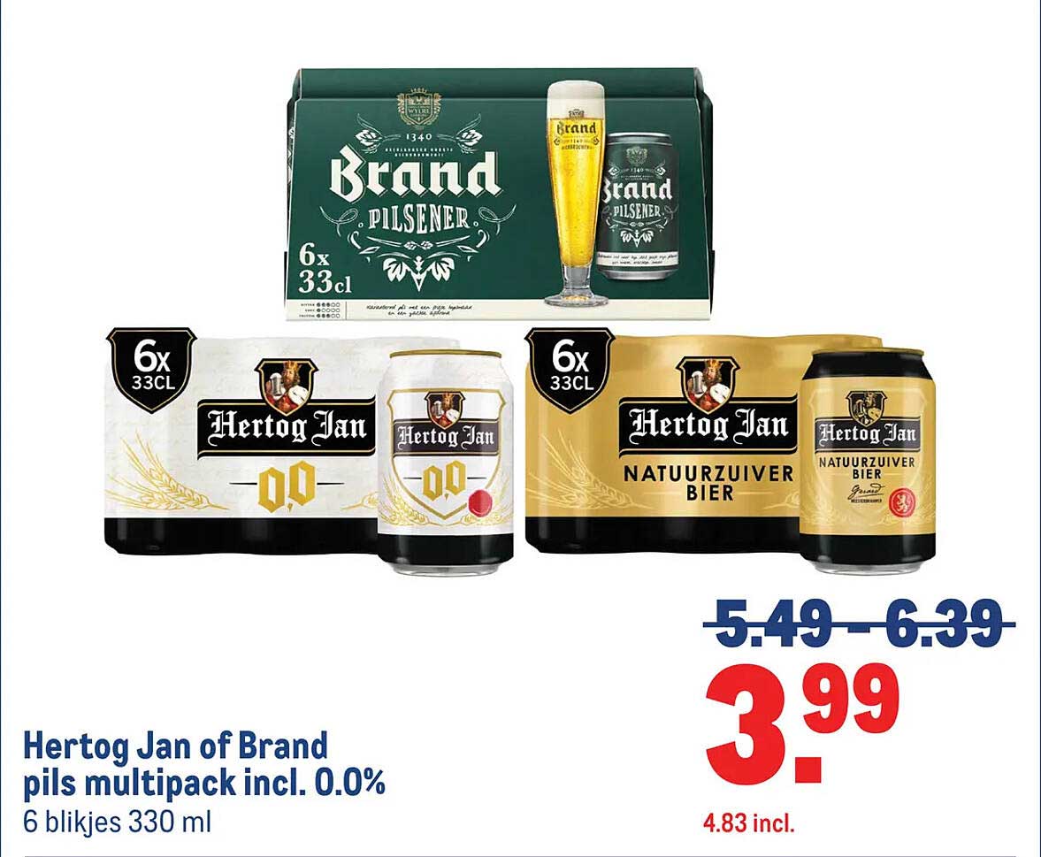 Hertog Jan of Brand pils multipack incl. 0.0% 6 blikjes 330 ml