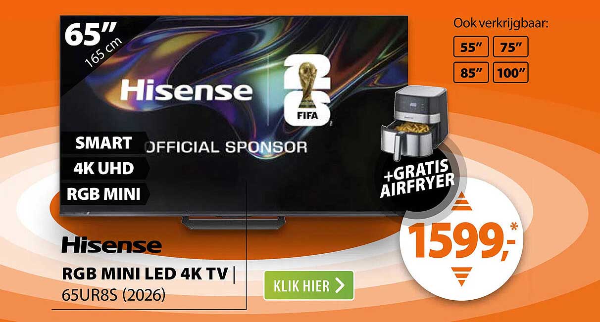 Hisense RGB MINI LED 4K TV 65UR8S (2026) +GRATIS AIRFRYER