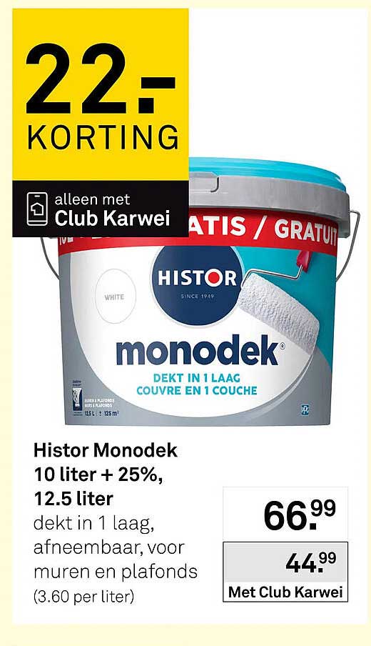 Histor Monodek 10 liter + 25%, 12.5 liter dekt in 1 laag, afneembaar, voor muren en plafonds