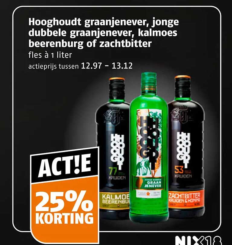 Hooghoudt graanjenever, jonge dubbele graanjenever, kalmoes beerenburg of zachtbitter 25% korting