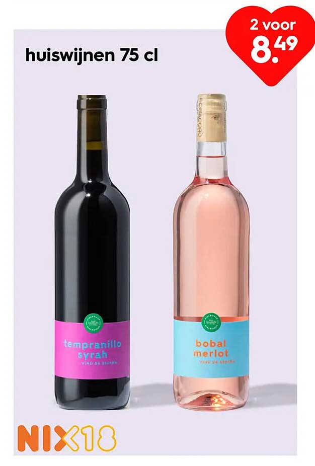 huiswijnen 75 cl 2 voor 8.49
