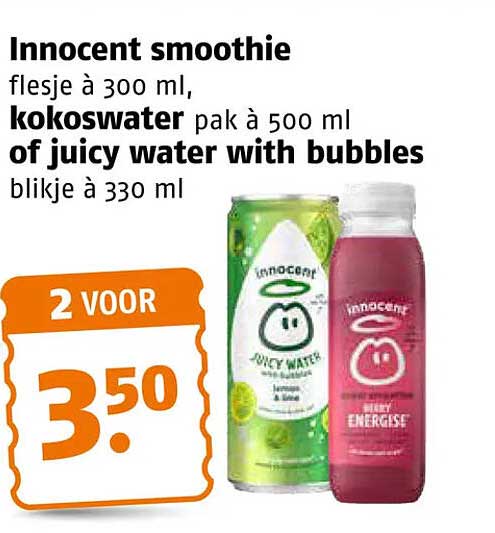 Innocent smoothie flesje à 300 ml, kokoswater pak à 500 ml of juicy water with bubbles blikje à 330 ml 2 VOOR 3.50