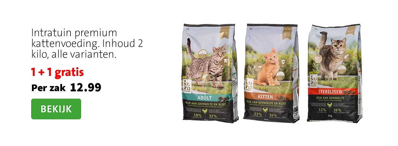 Intratuin premium kattenvoeding. Inhoud 2 kilo, alle varianten. 1 + 1 gratis