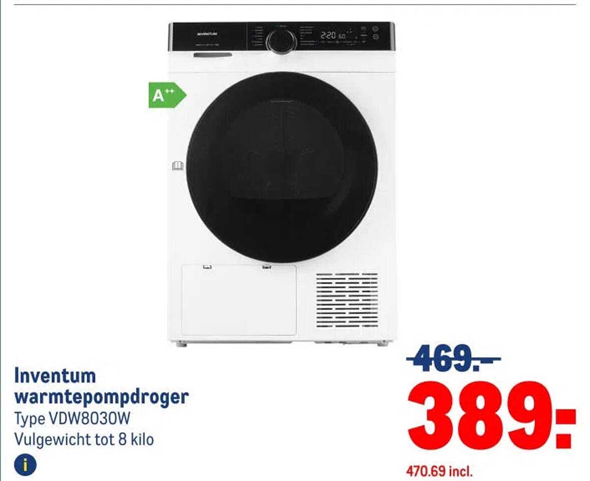 Inventum warmtepompdroger Type VDW8030W Vulgewicht tot 8 kilo