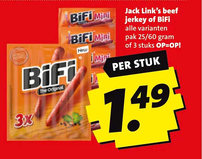 Jack Link's beef jerky of BiFi alle varianten pak 25/60 gram of 3 stuks OP=OP! PER STUK