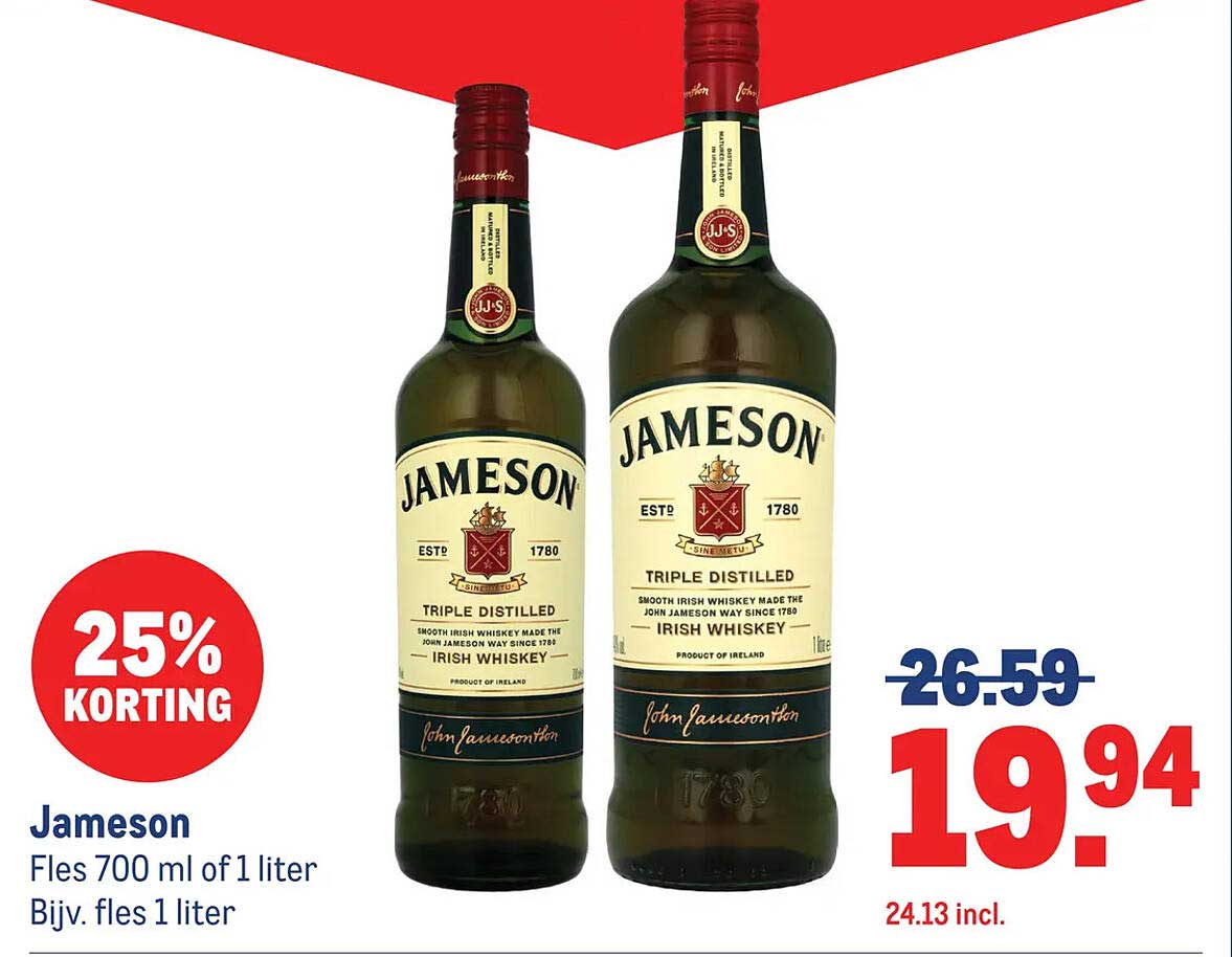 Jameson Fles 700 ml of 1 liter Bijv. fles 1 liter 25% KORTING