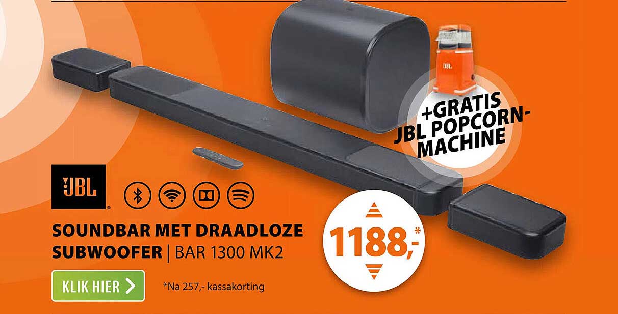 JBL soundbar met draadloze subwoofer Bar 1300 MK2 + GRATIS JBL popcorn-machine