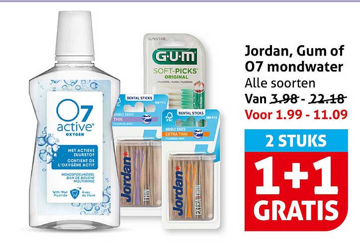 Jordan, Gum of O7 mondwater Alle soorten 2 STUKS 1+1 GRATIS