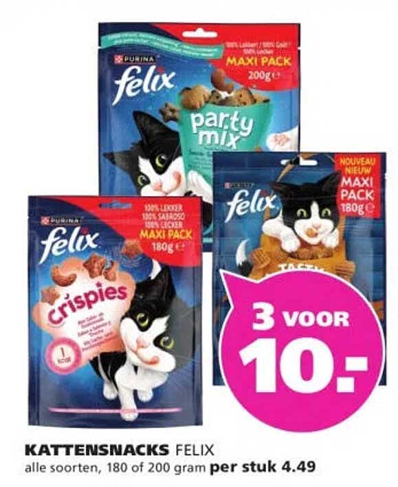 Kattensnacks Felix alle soorten, 180 of 200 gram 3 voor 10,-