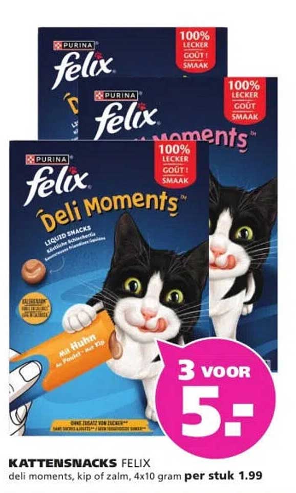 KATTENSNACKS FELIX deli moments, kip of zalm, 4x10 gram 3 voor 5.-