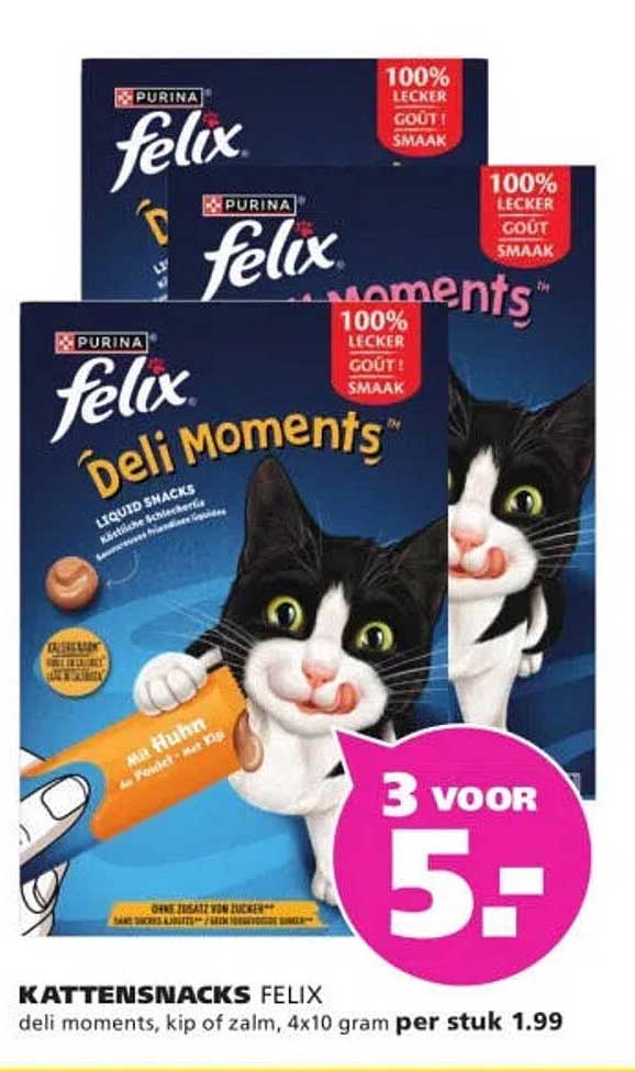 KATTENSNACKS FELIX deli moments, kip of zalm, 4x10 gram per stuk 1.99 3 voor 5.-
