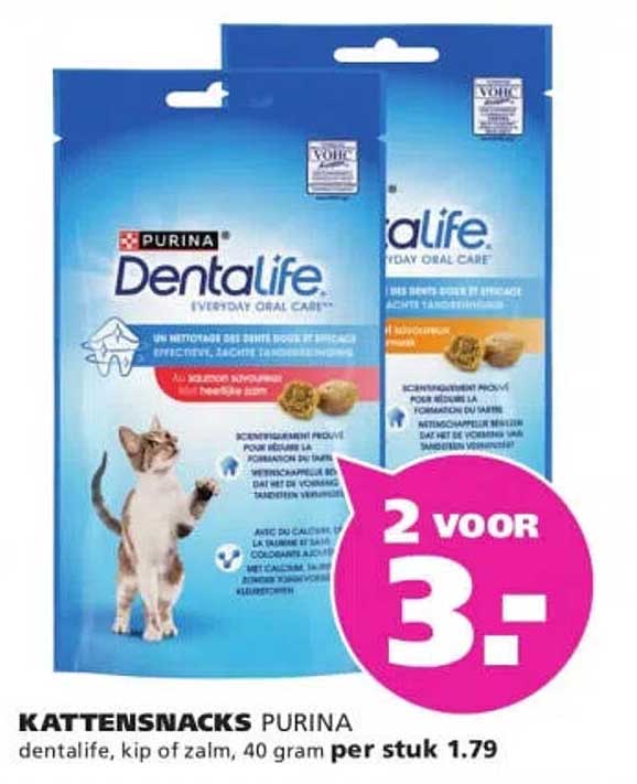 KATTENSNACKS PURINA dentalife, kip of zalm, 40 gram per stuk 1.79 2 voor 3,-