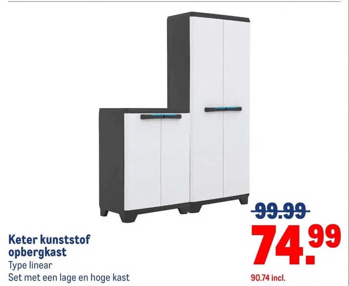 Keter kunststof opbergkast Type linear Set met een lage en hoge kast