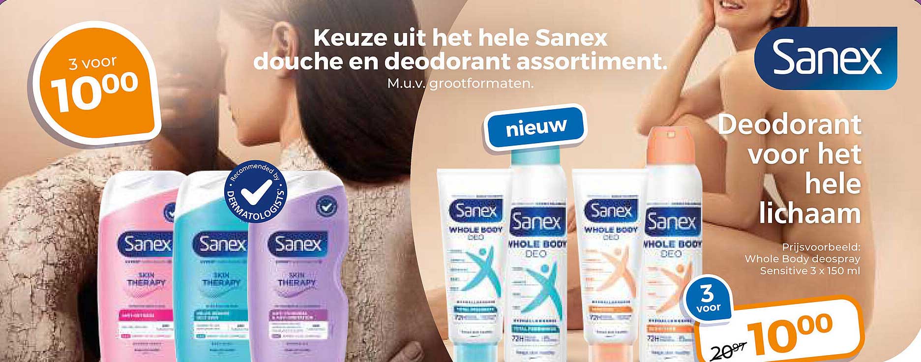 Keuze uit het hele Sanex douche en deodorant assortiment.