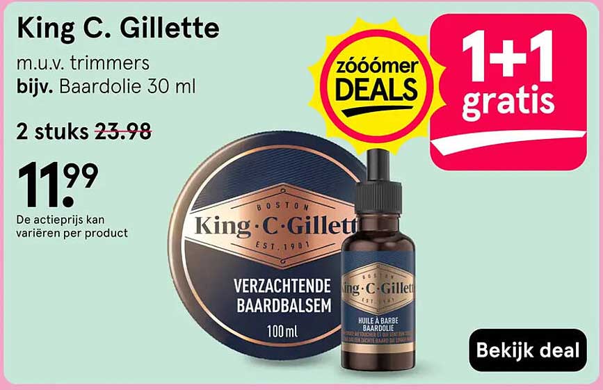 King C. Gillette m.u.v. trimmers bijv. Baardolie 30 ml 1+1 gratis