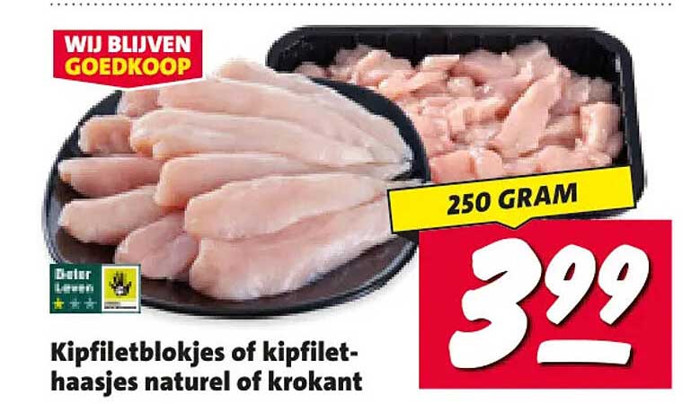 Kipfiletblokjes of kipfilet-haasjes naturel of krokant 250 gram