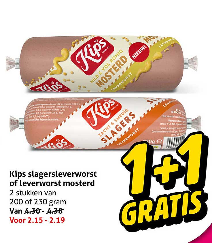 Kips slagersleverworst of leverworst mosterd 1+1 gratis