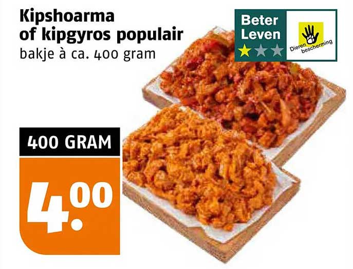 Kipshoarma of kipgyros populair bakje à ca. 400 gram