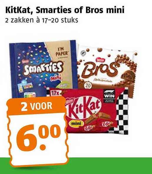 KitKat, Smarties of Bros mini 2 zakken à 17–20 stuks 2 voor