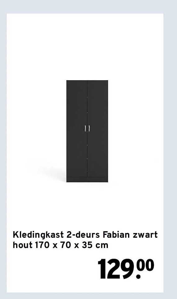 Kledingkast 2-deurs Fabian zwart hout 170 x 70 x 35 cm