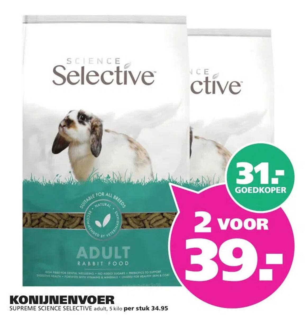Konijnenvoer Supreme Science Selective adult, 5 kilo 2 voor 39,-