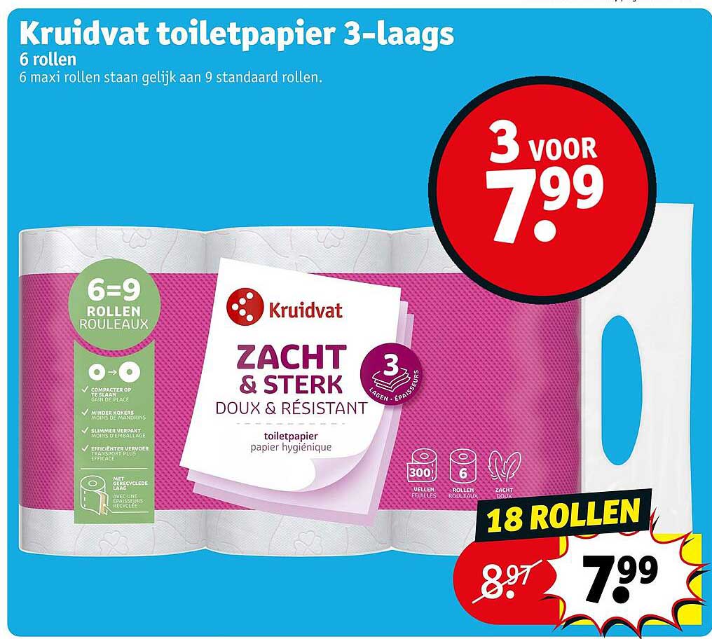 Kruidvat toiletpapier 3-laags 6 rollen 3 voor 7.99