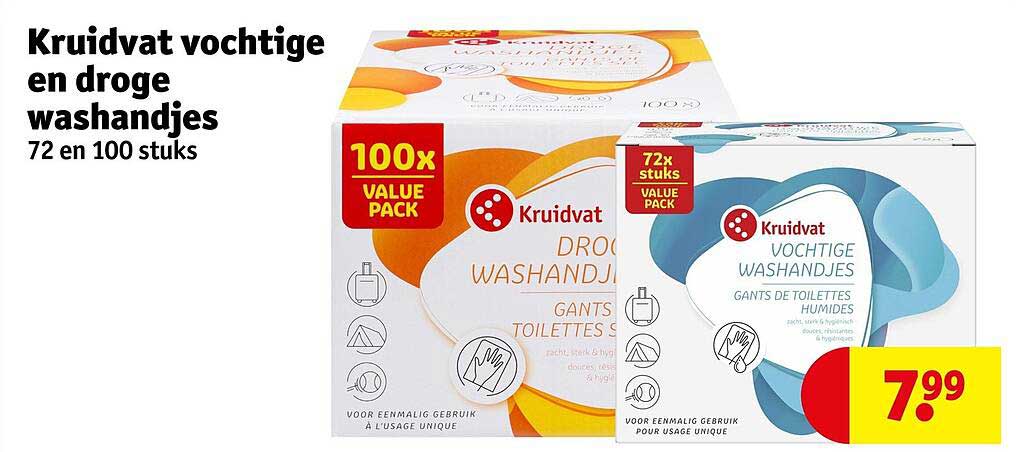 Kruidvat vochtige en droge washandjes 72 en 100 stuks