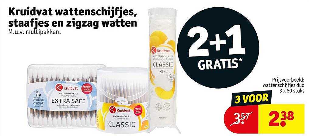 Kruidvat wattenschijfjes, staafjes en zigzag watten 2+1 GRATIS*