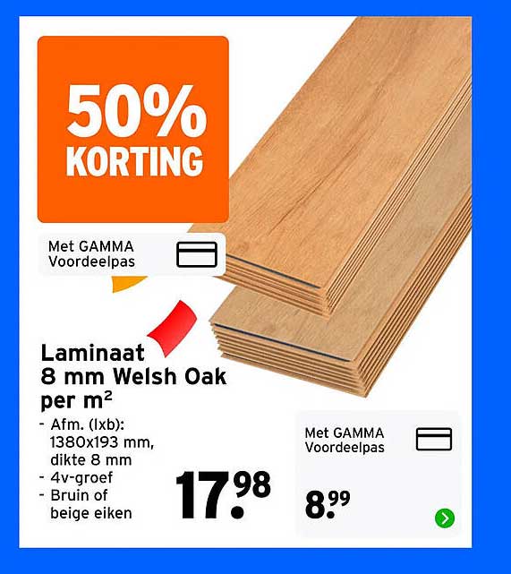 Laminaat 8 mm Welsh Oak per m² 50% korting