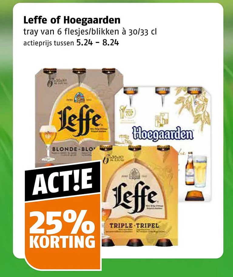 Leffe of Hoegaarden tray van 6 flesjes/blikken à 30/33 cl 25% korting
