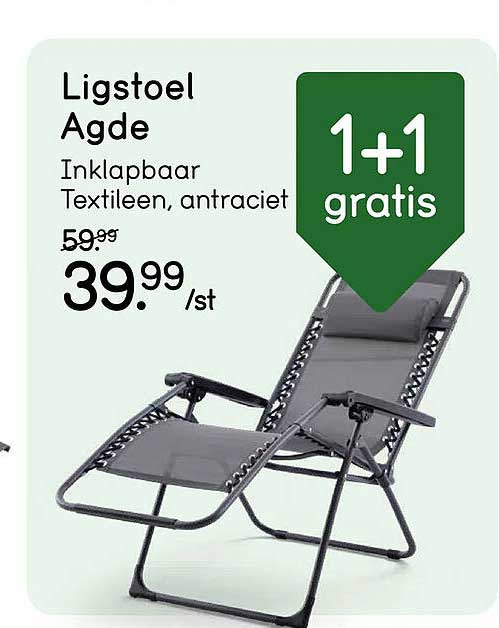 Ligstoel Agde Inklapbaar Textileen, antraciet 1+1 gratis