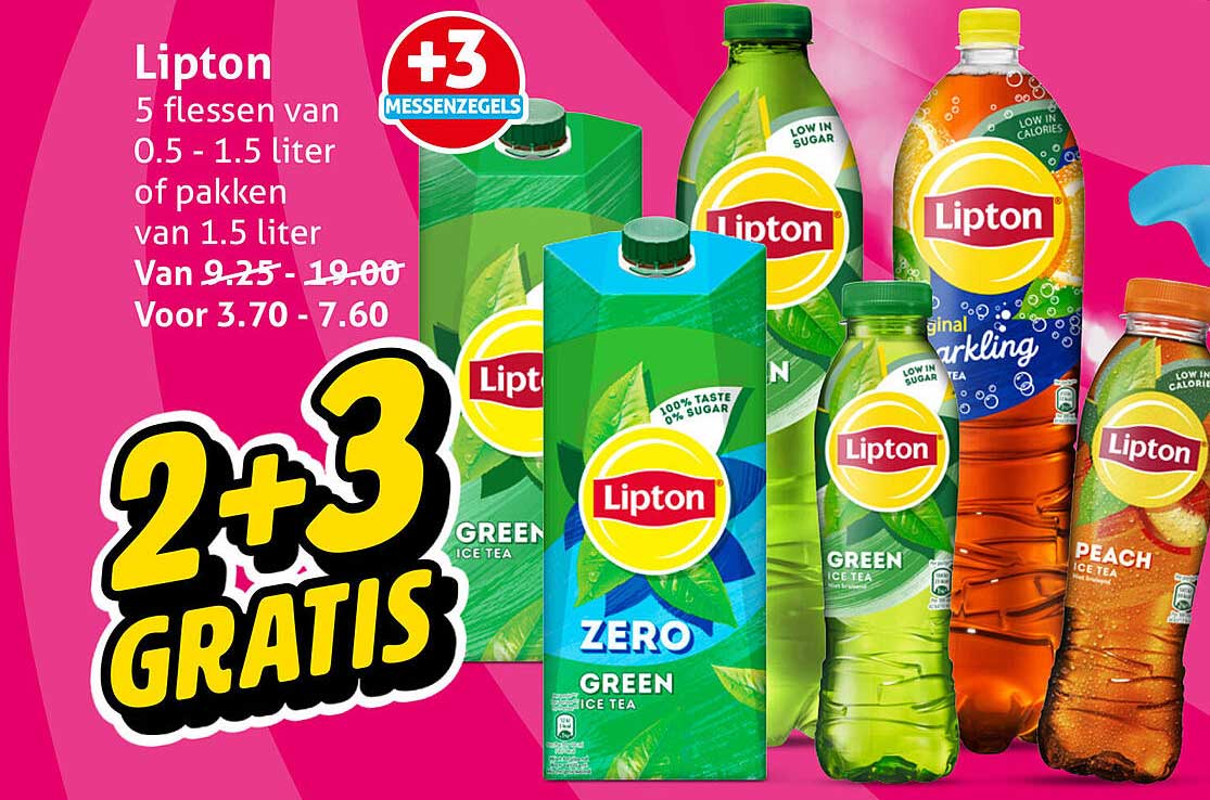Lipton 5 flessen van 0.5 - 1.5 liter of pakken van 1.5 liter 2+3 GRATIS