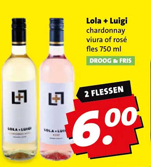 Lola + Luigi chardonnay viura of rosé fles 750 ml DROOG & FRIS 2 FLESSEN