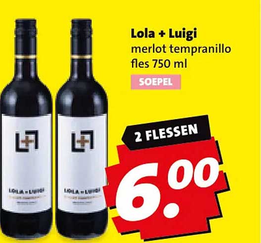Lola + Luigi merlot tempranillo fles 750 ml SOEPEL 2 FLESSEN
