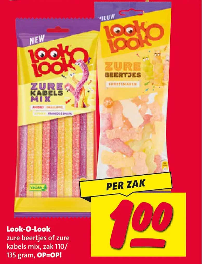 Look-O-Look zure beertjes of zure kabels mix, zak 110/135 gram, OP=OP!