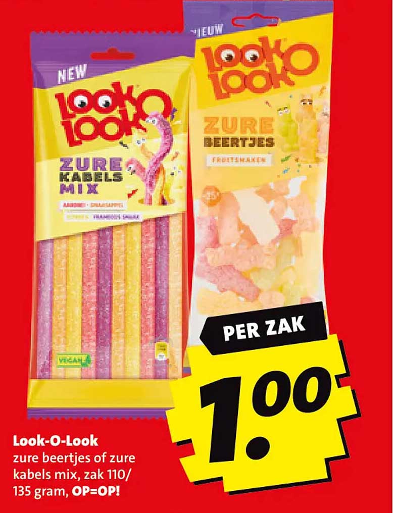 Look-O-Look zure beertjes of zure kabels mix, zak 110/135 gram, OP=OP!
