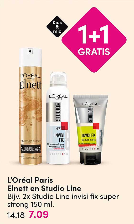 L’Oréal Paris Elnett en Studio Line Bijv. 2x Studio Line invis i fix super strong 150 ml. 1+1 GRATIS
