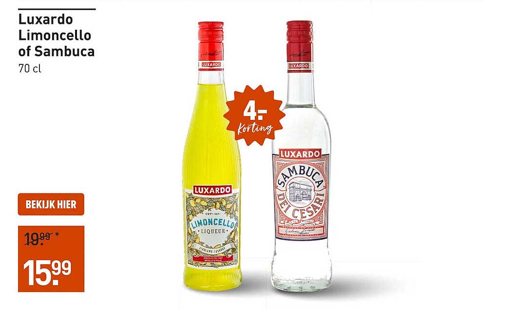 Luxardo Limoncello of Sambuca 70 cl 4,- korting