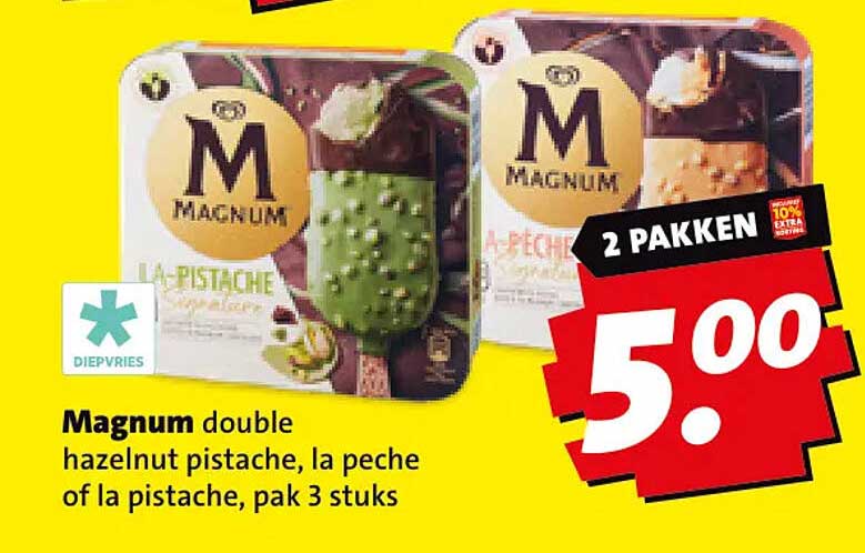 Magnum double hazelnut pistache, la peche of la pistache, pak 3 stuks 2 pakken
