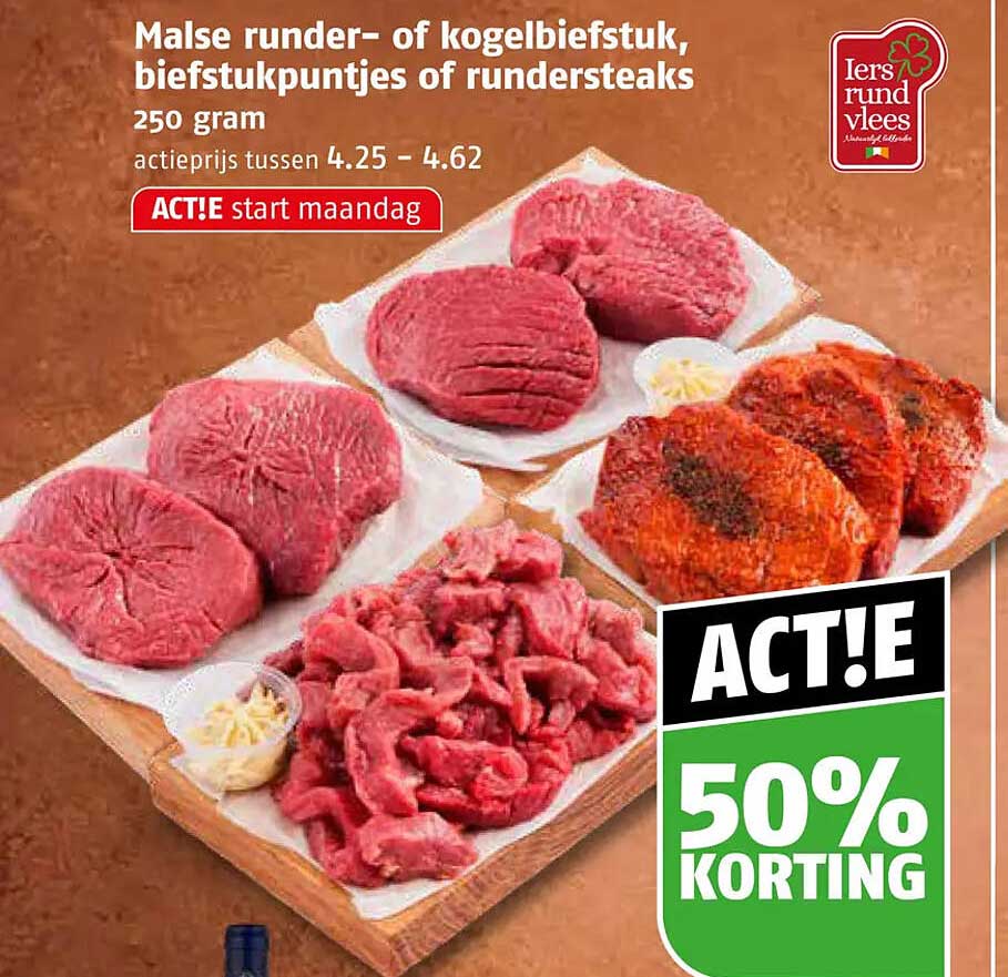 Malse runder- of kogelbiefstuk, biefstukpuntjes of rundersteaks 250 gram ACT!E 50% KORTING