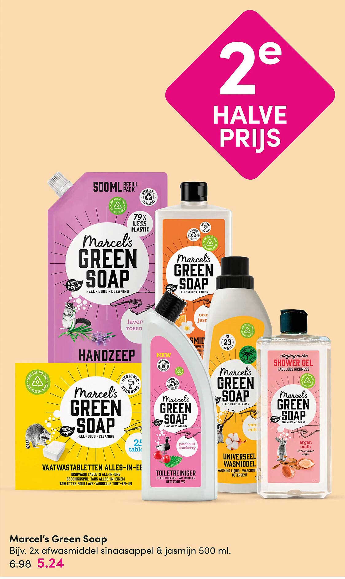Marcel’s Green Soap Bijv. 2x afwasmiddel sinaasappel & jasmijn 500 ml. 2e halve prijs