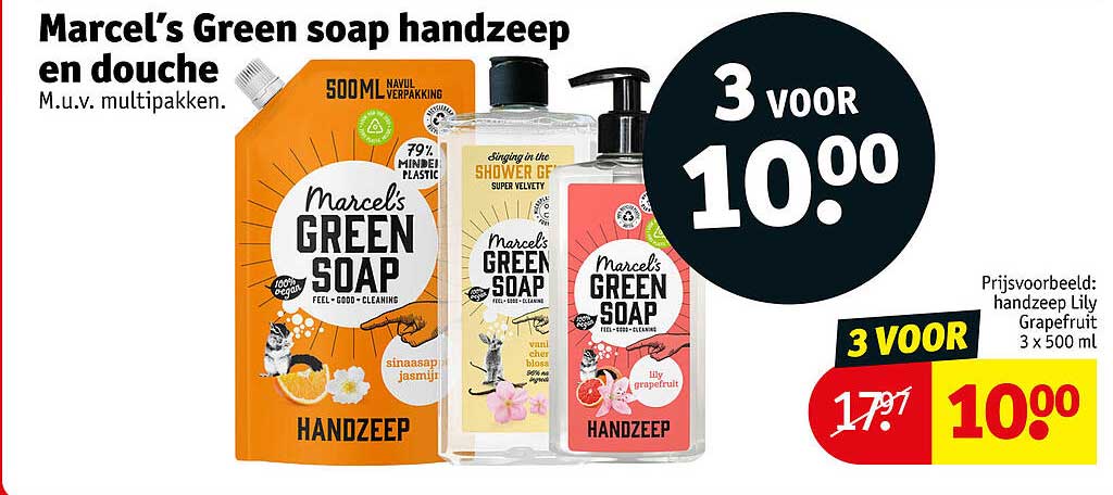 Marcel’s Green soap handzeep en douche M.u.v. multipakken. 3 voor 10.00