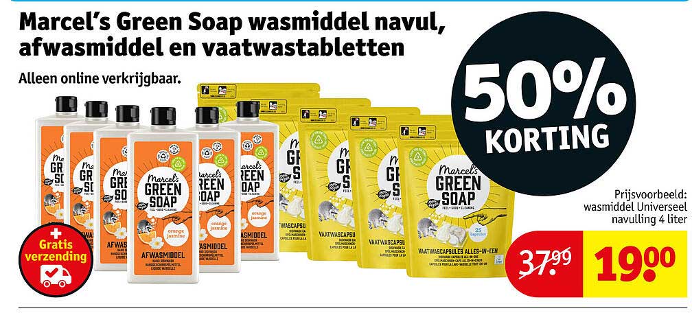 Marcel's Green Soap wasmiddel navul, afwasmiddel en vaatwastabletten 50% KORTING