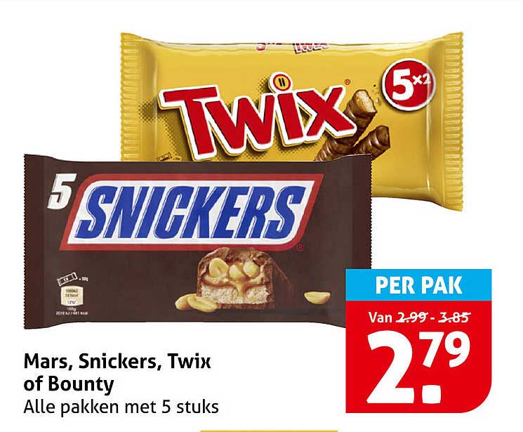 Mars, Snickers, Twix of Bounty - Alle pakken met 5 stuks